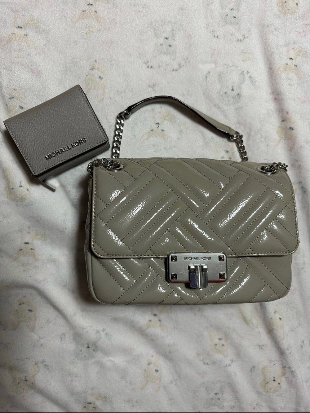 Michael Kors Quilted Patent Shoulder Bag in Light Gray with Silver Hardware